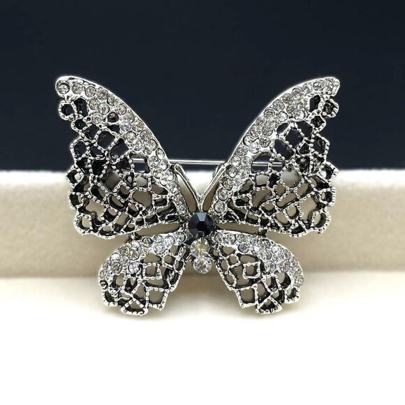 Silver with Onyx and White Diamond Crystal Filigree Butterfly Pin Back Brooch - Picture 3 of 7